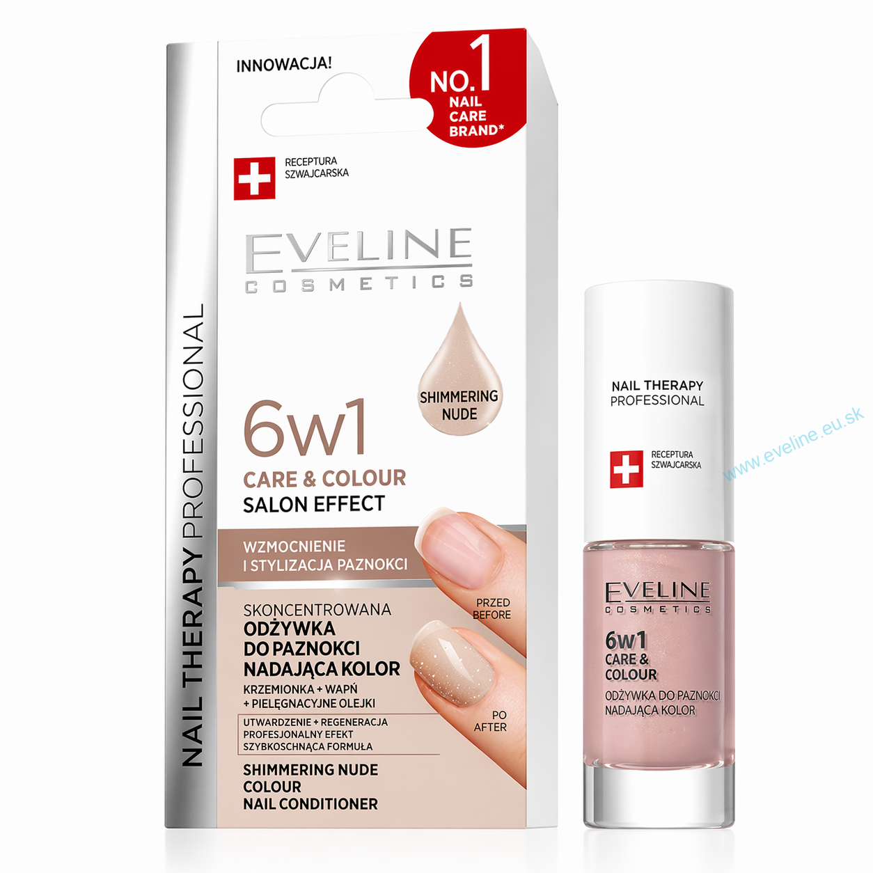 Eveline Nail Therapy Professional Care&Colour 6v1 – spevňujúca výživná kúra na nechty s farbou Shimmering Nude, 5 ml