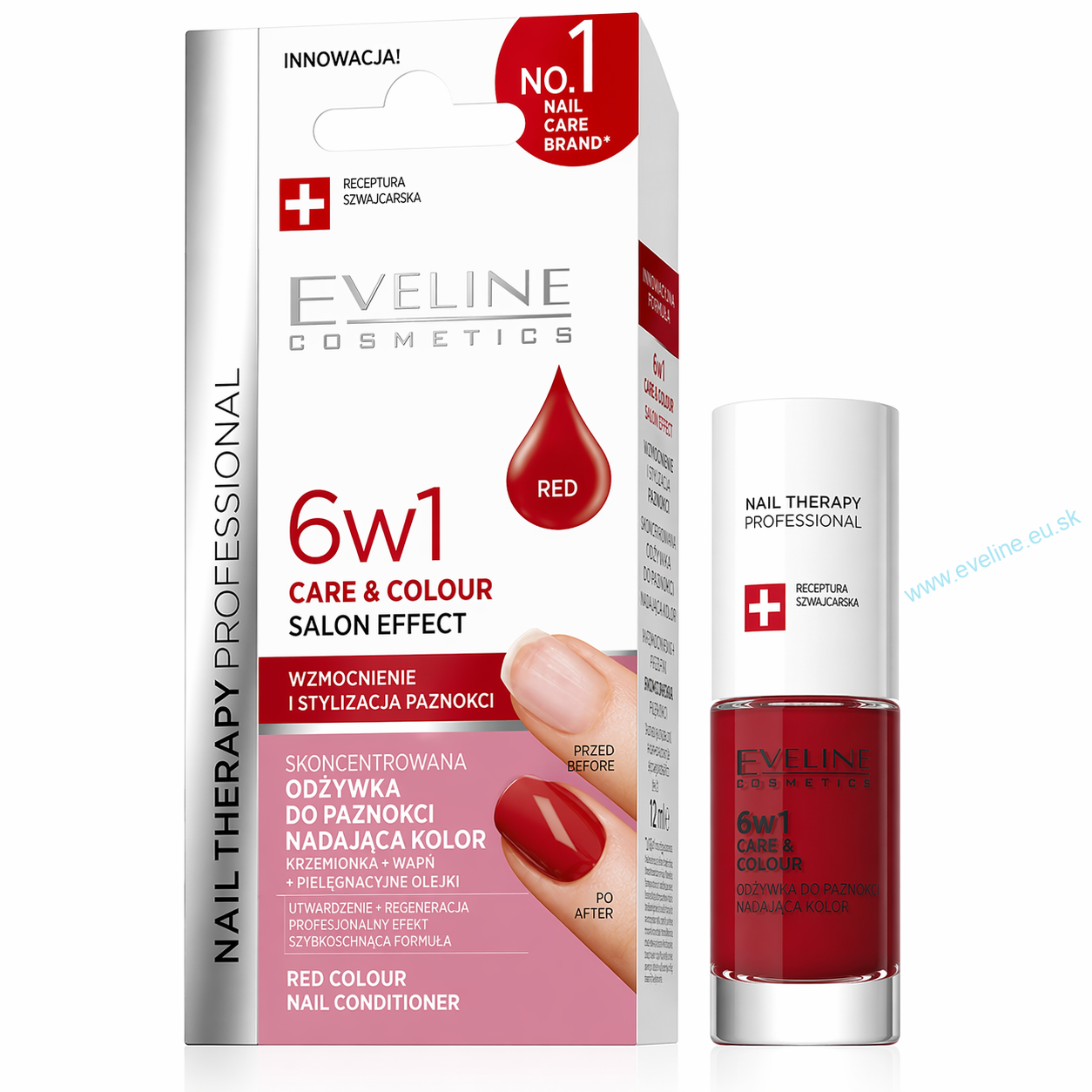 Eveline Nail Therapy Professional Care&Colour 6v1 – spevňujúca výživná kúra na nechty s farbou Červená, 5 ml