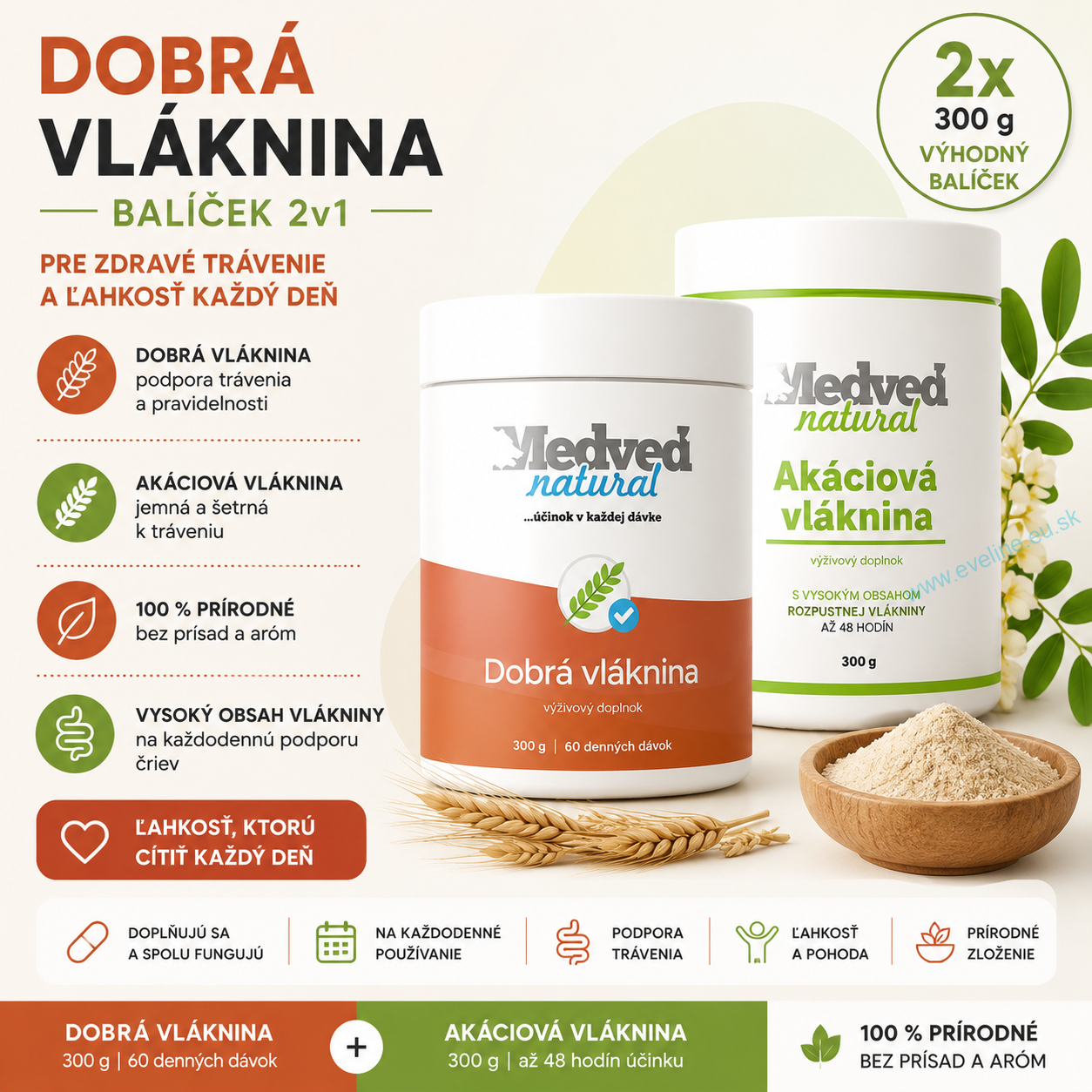 Medveď natural Dobrá vláknina 300g + Medveď natural Akáciová vláknina 300g
