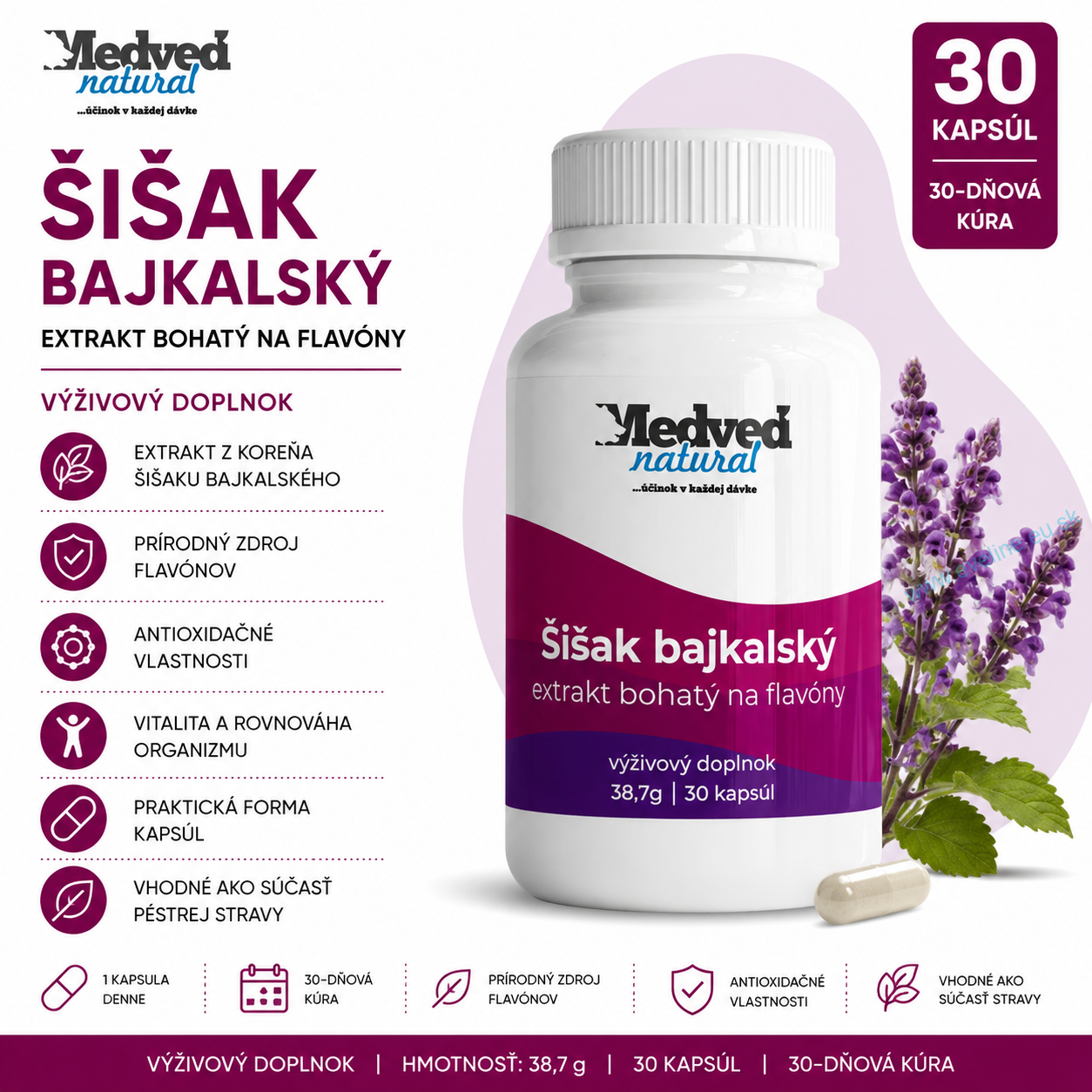 Medveď natural Šišak bajkalský 30 kapsúl