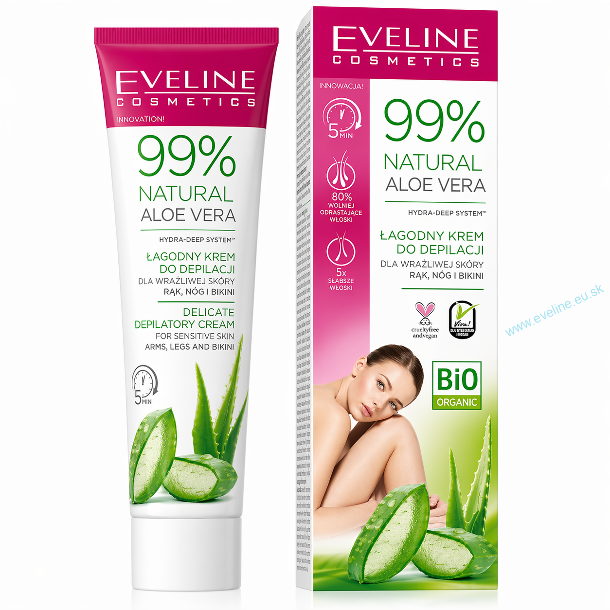 Eveline 99% Natural Aloe Vera – jemný depilačný krém pre citlivú pokožku, 125 ml