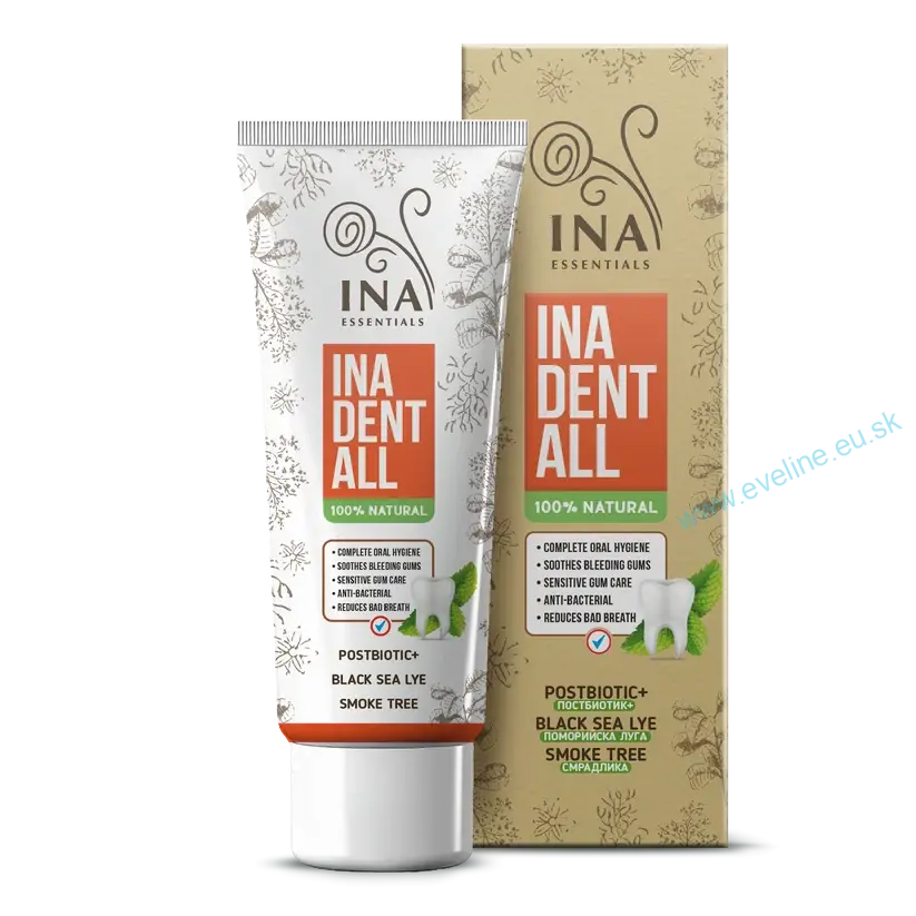INA ESSENTIALS Prírodná Zubná Pasta bez Fluoridov so Škumpou vlasatou, Lúhom z Čierneho mora a Postbiotikami - Ina Dent-All