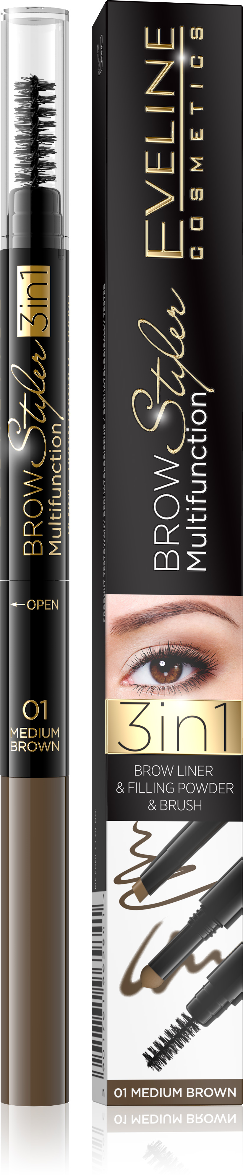 EVELINE BROW Styler 3v1 multifunkčná ceruzka na obočie - stredne hnedá