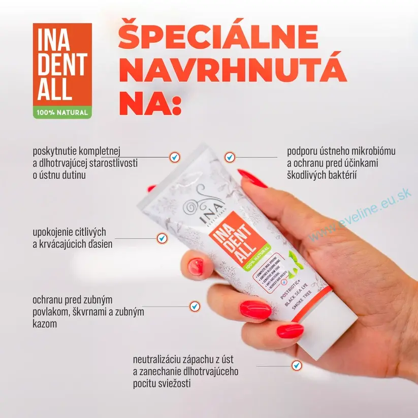 INA ESSENTIALS Prírodná Zubná Pasta bez Fluoridov so Škumpou vlasatou, Lúhom z Čierneho mora a Postbiotikami - Ina Dent-All