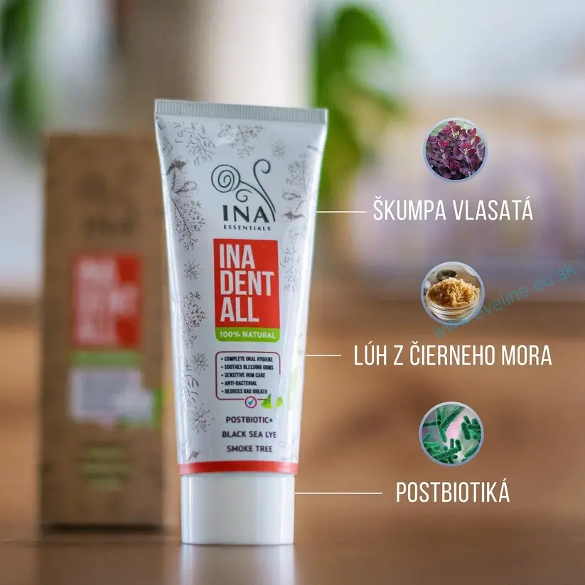 INA ESSENTIALS Prírodná Zubná Pasta bez Fluoridov so Škumpou vlasatou, Lúhom z Čierneho mora a Postbiotikami - Ina Dent-All
